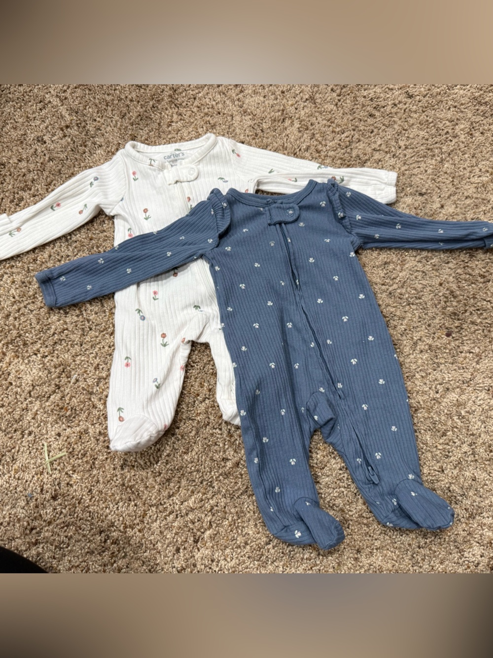 Carter's Baby Girls Ribbed Floral One-Piece Pajamas - Blue & Cream (2-Pack)